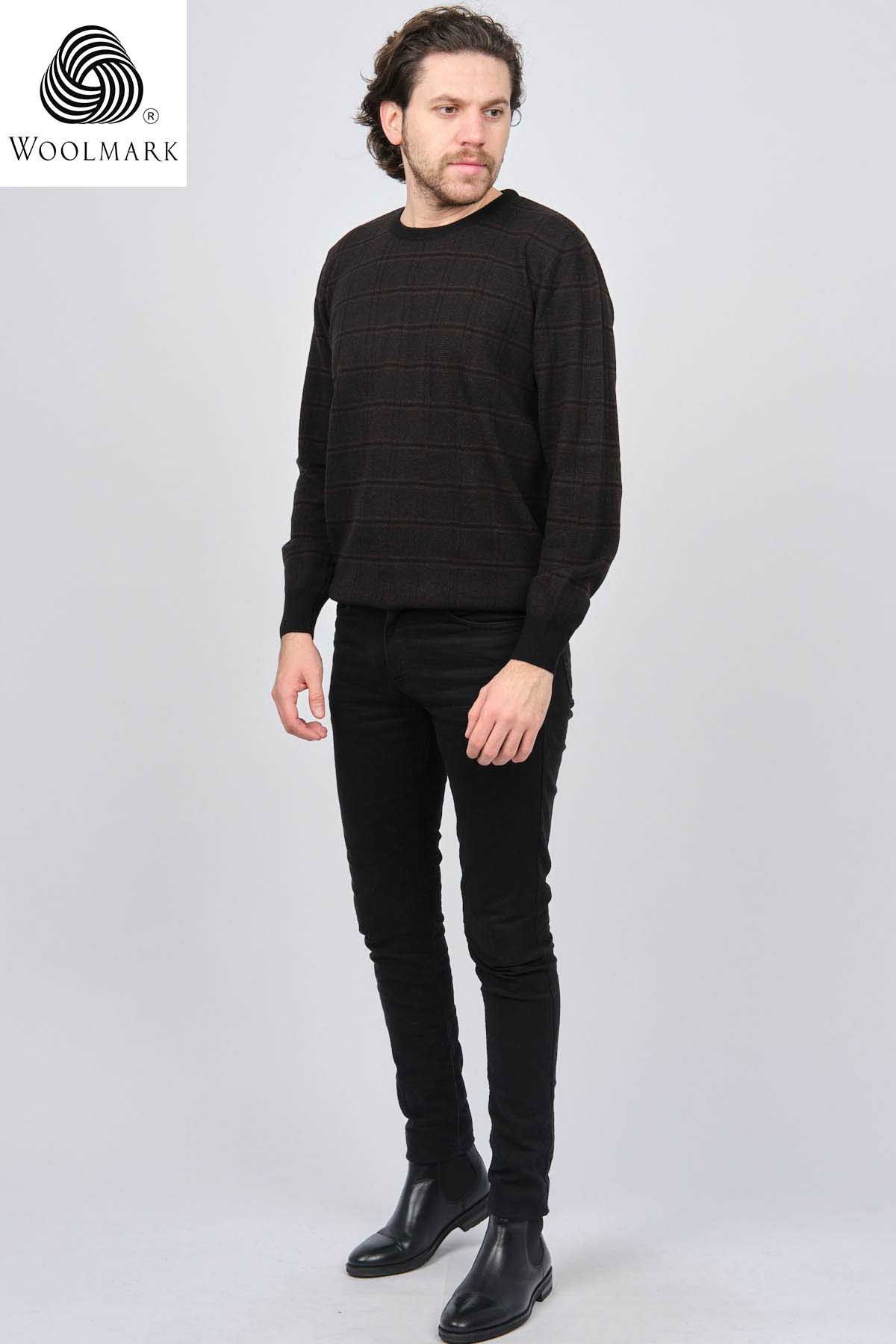 Desen Triko Erkek Bisiklet Yaka Desenli Saf Yün Kazak 0246568 Kahverengi - 2