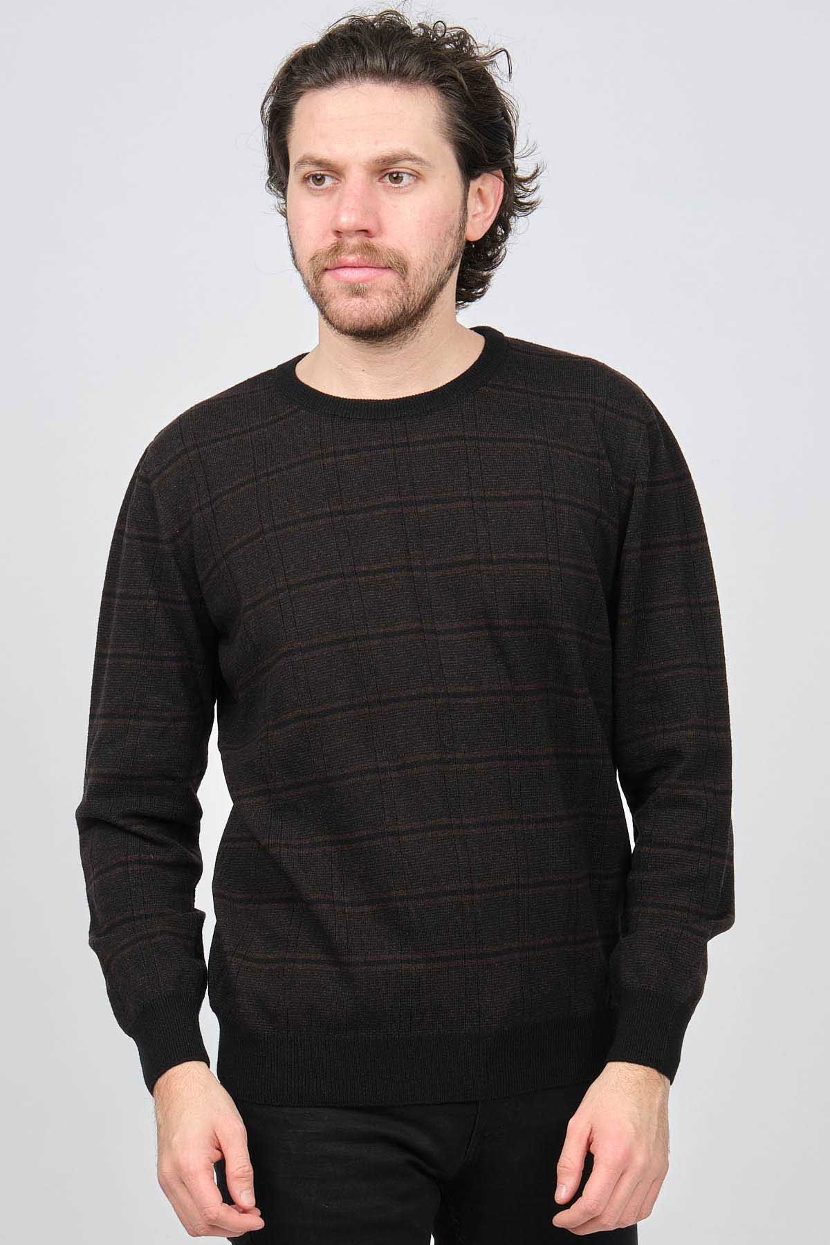 Desen Triko Erkek Bisiklet Yaka Desenli Saf Yün Kazak 0246568 Kahverengi - 3