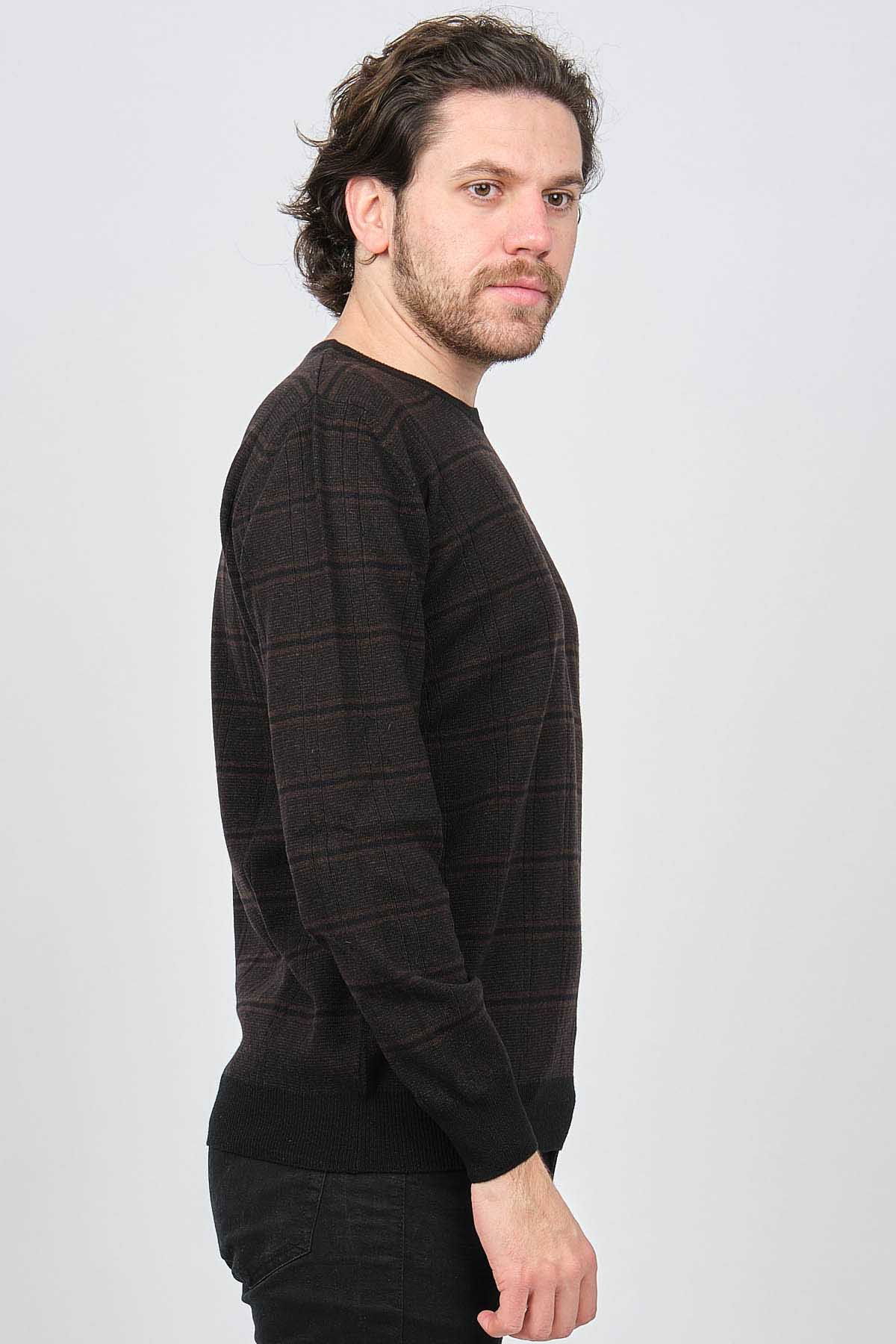 Desen Triko Erkek Bisiklet Yaka Desenli Saf Yün Kazak 0246568 Kahverengi - 4