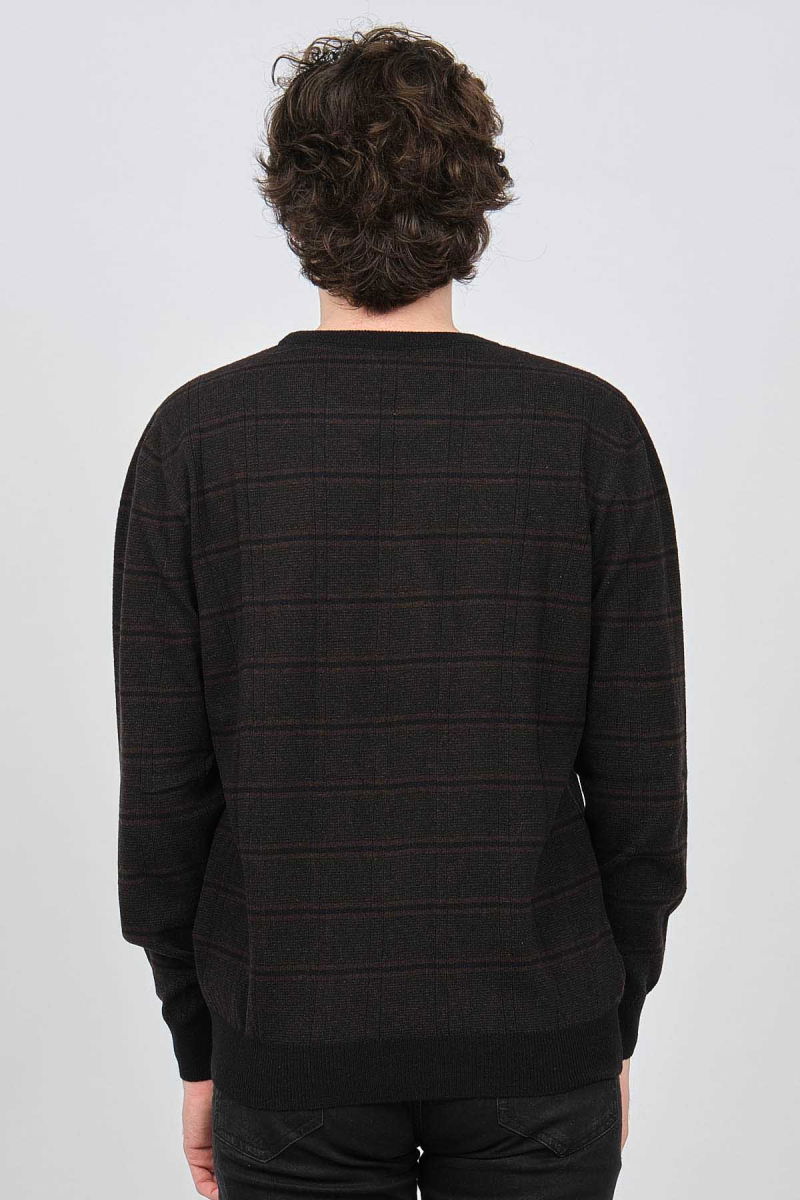 Desen Triko Erkek Bisiklet Yaka Desenli Saf Yün Kazak 0246568 Kahverengi - 5