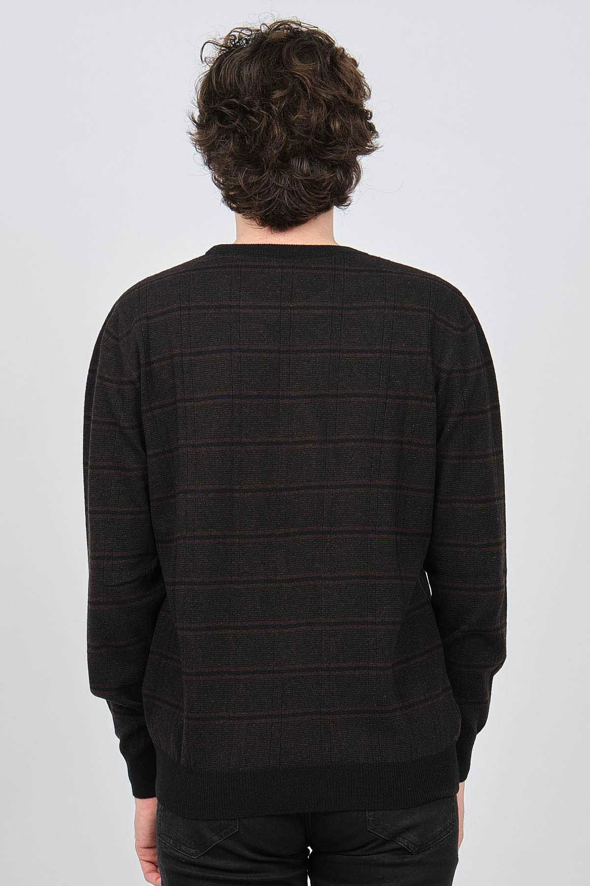 Desen Triko Erkek Bisiklet Yaka Desenli Saf Yün Kazak 0246568 Kahverengi - 5