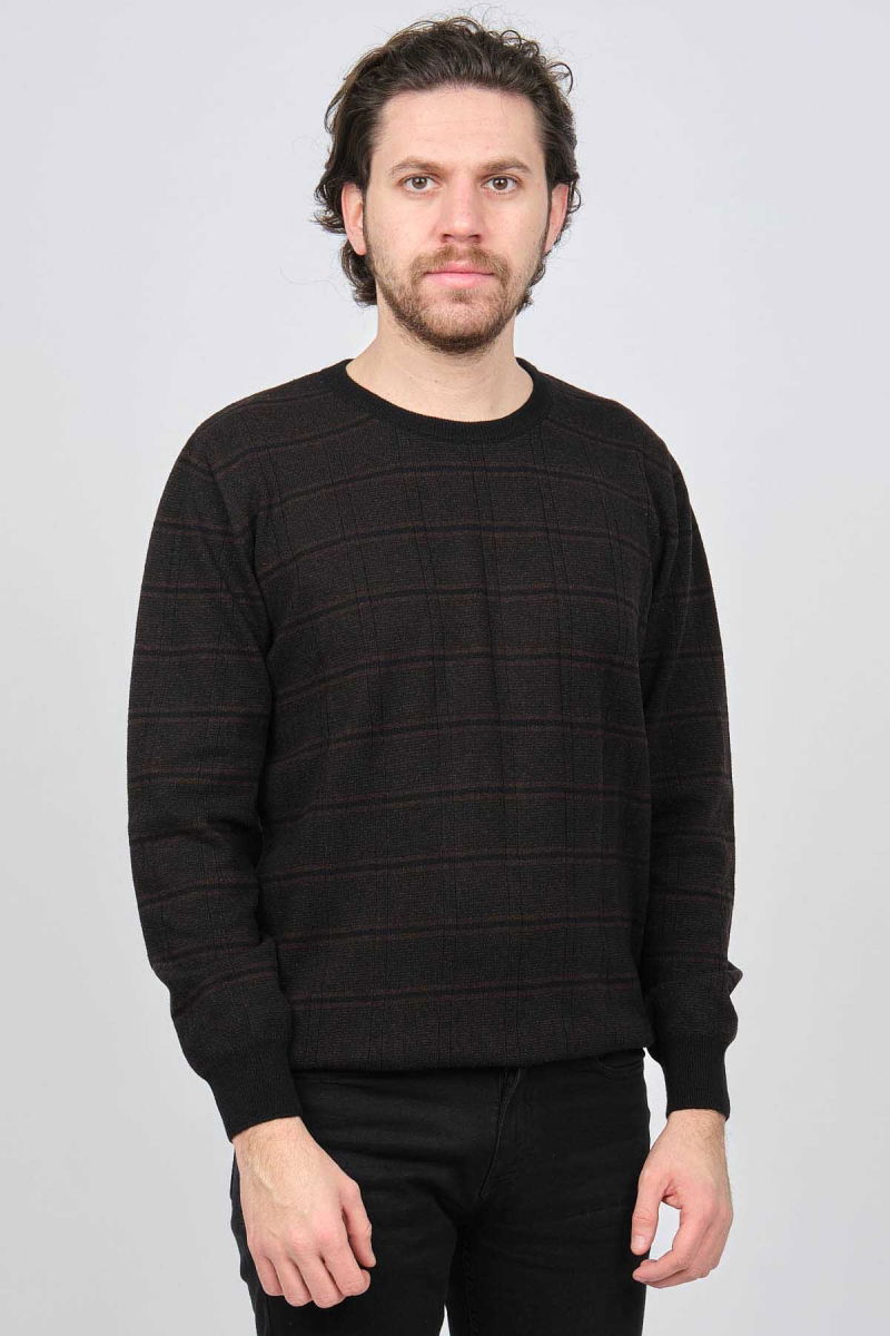 Desen Triko Erkek Bisiklet Yaka Desenli Saf Yün Kazak 0246568 Kahverengi - 6