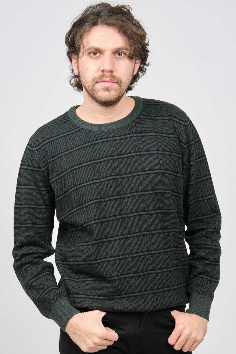 Desen Triko Erkek Bisiklet Yaka Desenli Saf Yün Kazak 0246568 Yeşil - Desen Triko