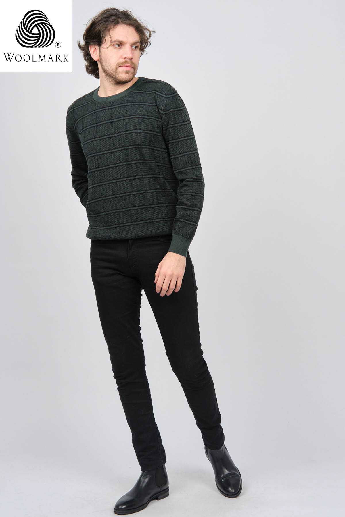 Desen Triko Erkek Bisiklet Yaka Desenli Saf Yün Kazak 0246568 Yeşil - 2