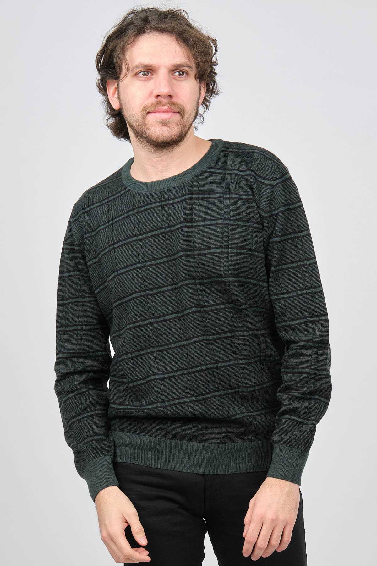 Desen Triko Erkek Bisiklet Yaka Desenli Saf Yün Kazak 0246568 Yeşil - 3