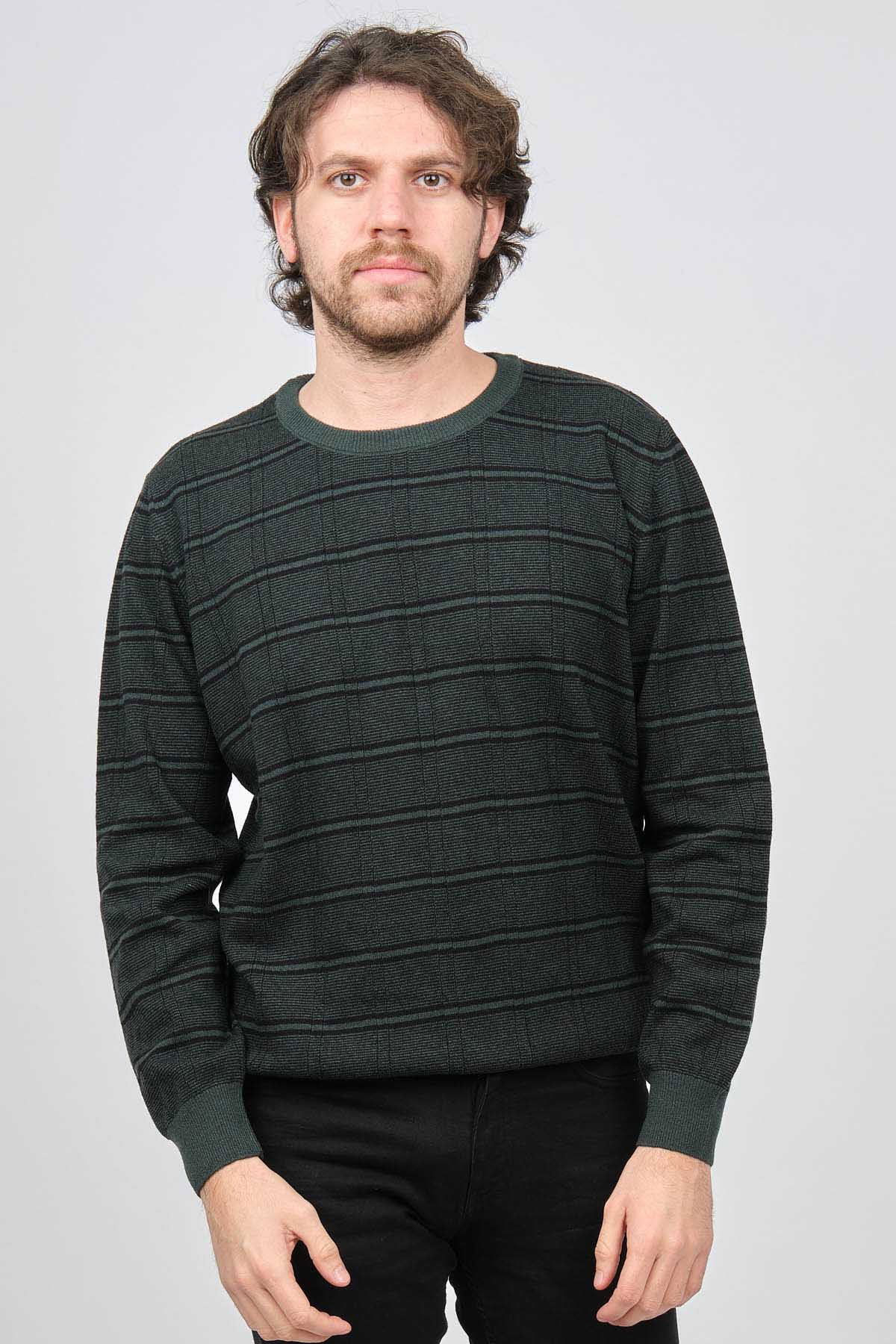 Desen Triko Erkek Bisiklet Yaka Desenli Saf Yün Kazak 0246568 Yeşil - 6