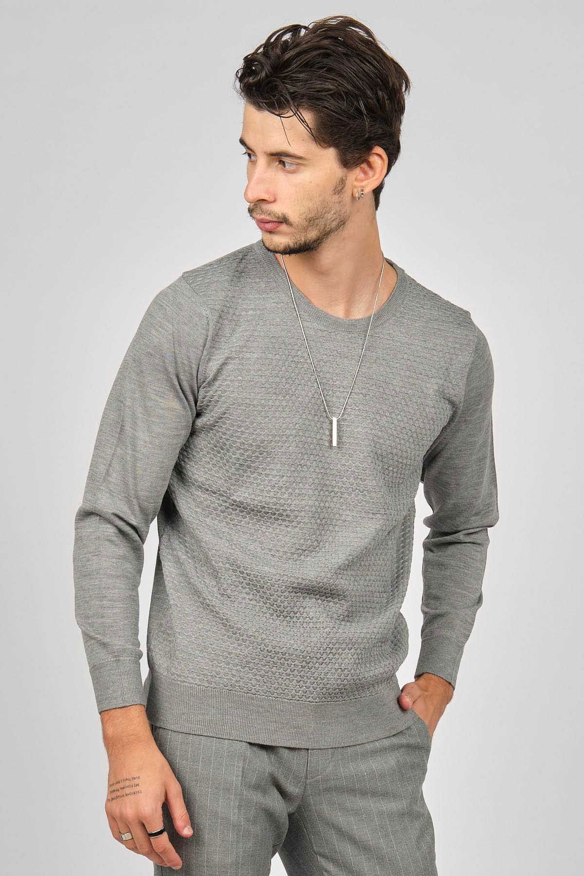 Desen Triko Erkek Bisiklet Yaka Desenli Yün Kazak 0249618 Gri - 1