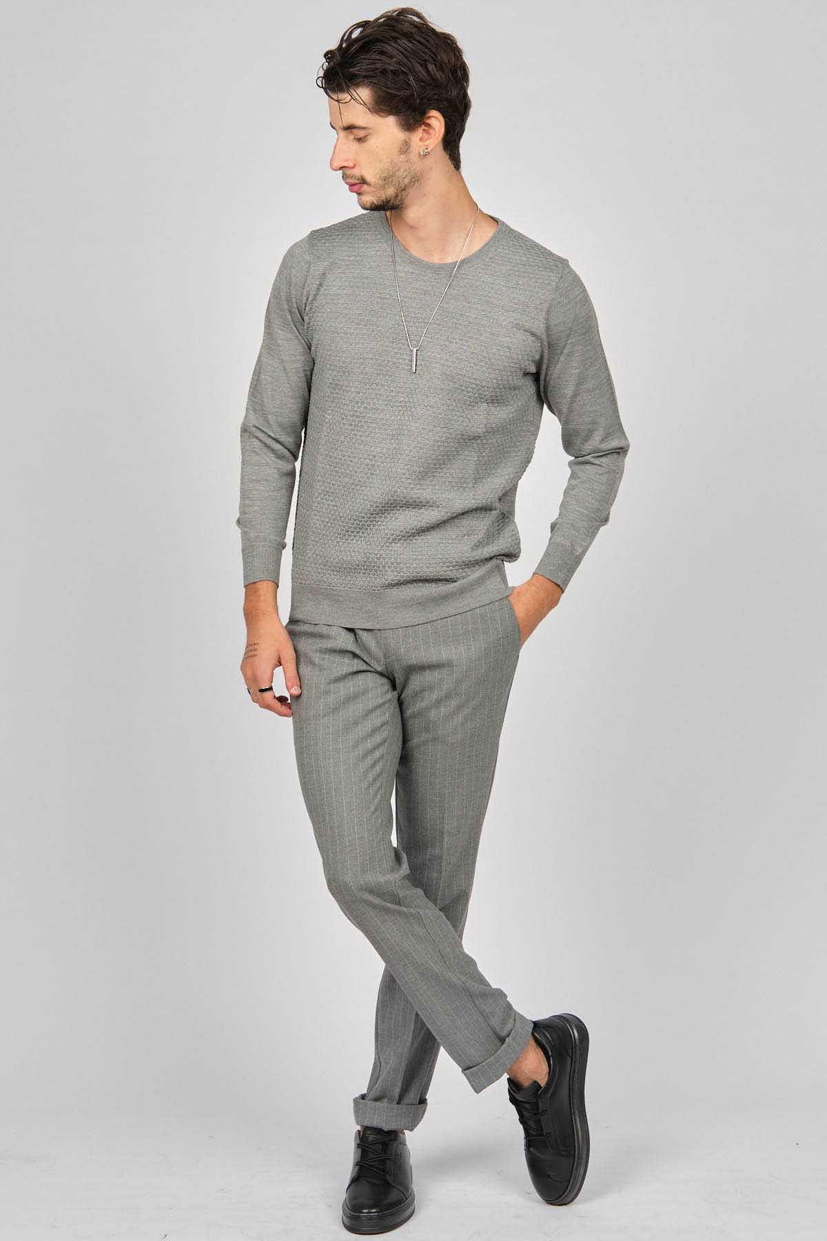 Desen Triko Erkek Bisiklet Yaka Desenli Yün Kazak 0249618 Gri - 2