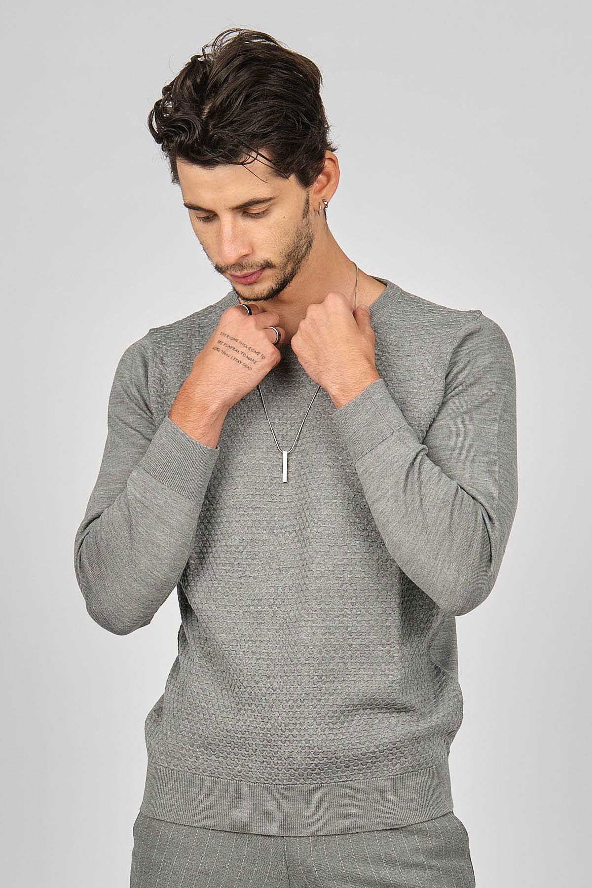 Desen Triko Erkek Bisiklet Yaka Desenli Yün Kazak 0249618 Gri - 3