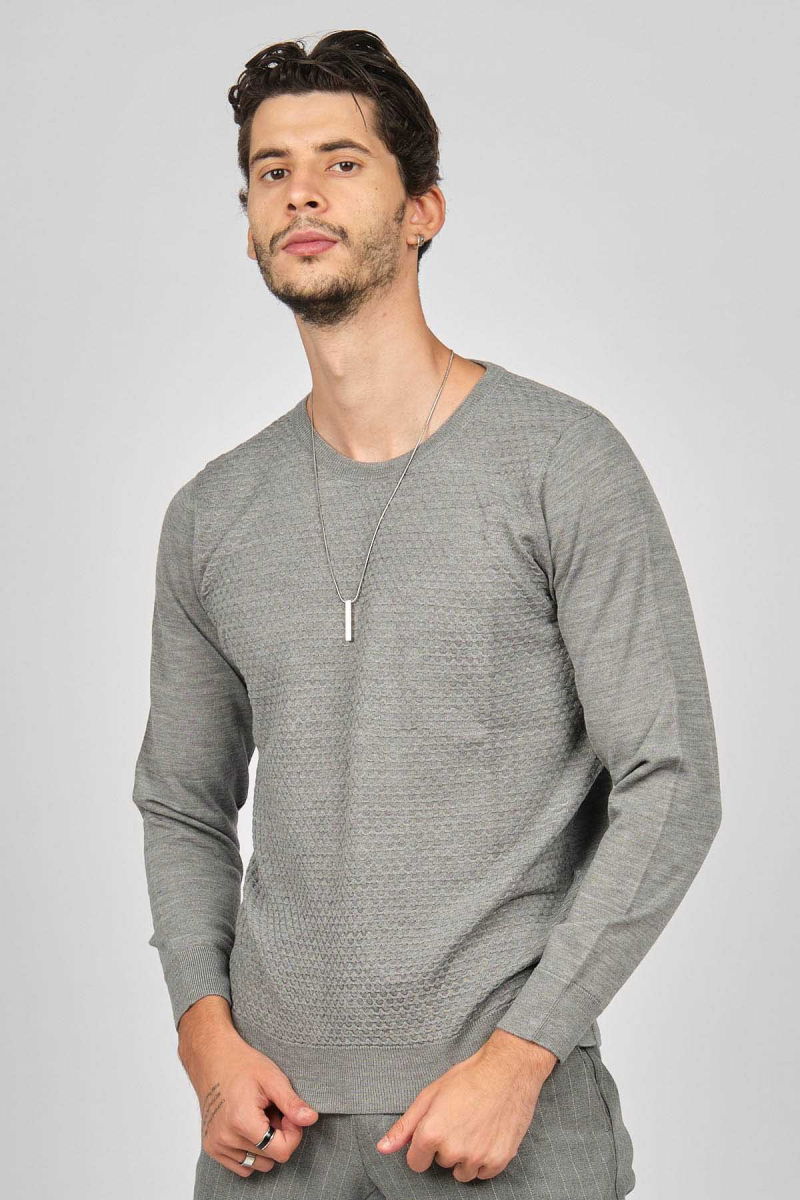 Desen Triko Erkek Bisiklet Yaka Desenli Yün Kazak 0249618 Gri - 4