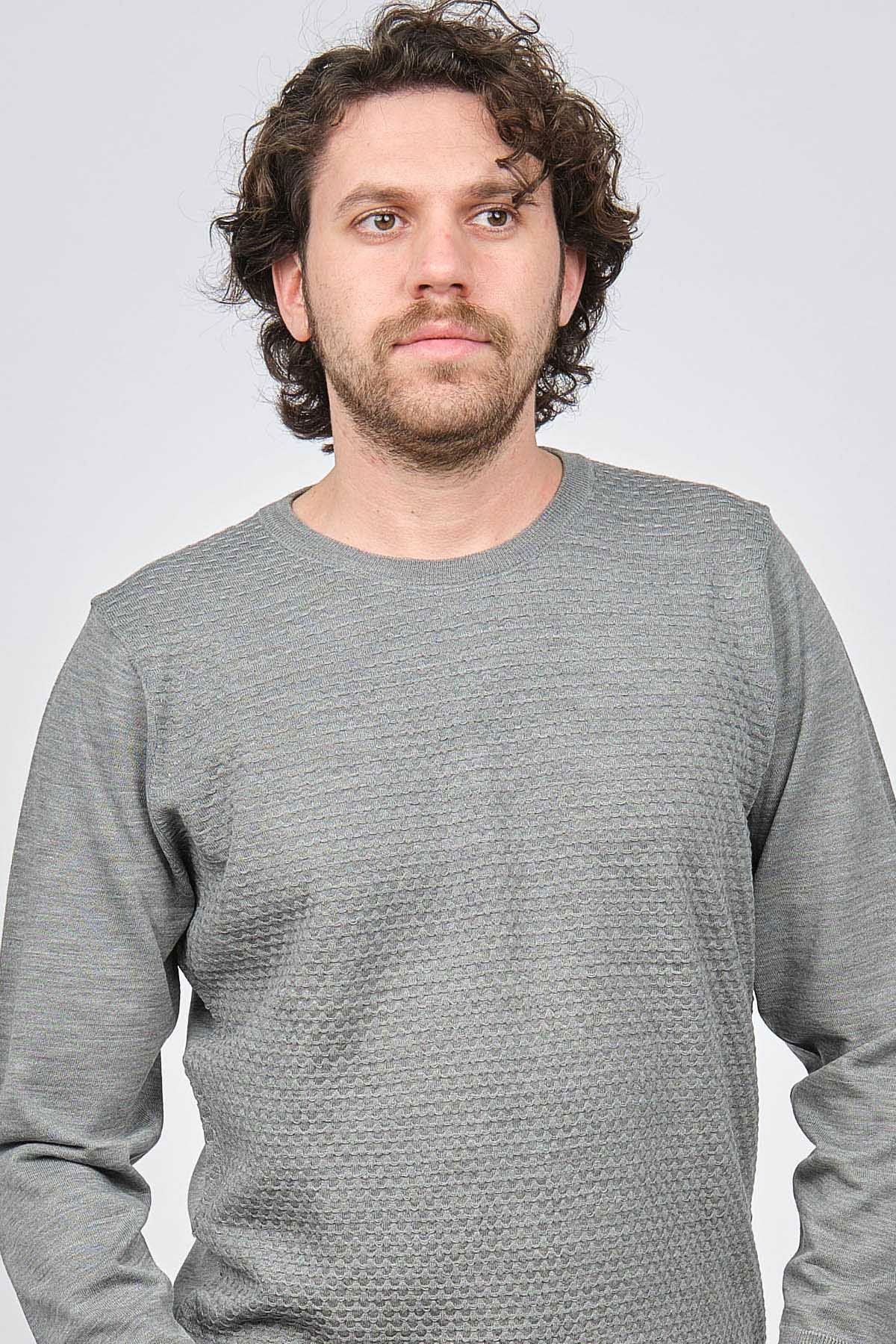 Desen Triko Erkek Bisiklet Yaka Desenli Yün Kazak 0249618 Gri - 6