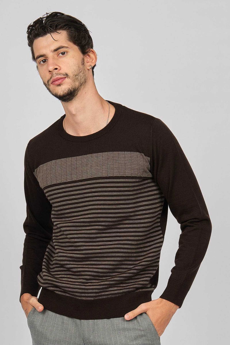 Desen Triko Erkek Bisiklet Yaka Desenli Yün Kazak 0249639 Kahverengi - Desen Triko