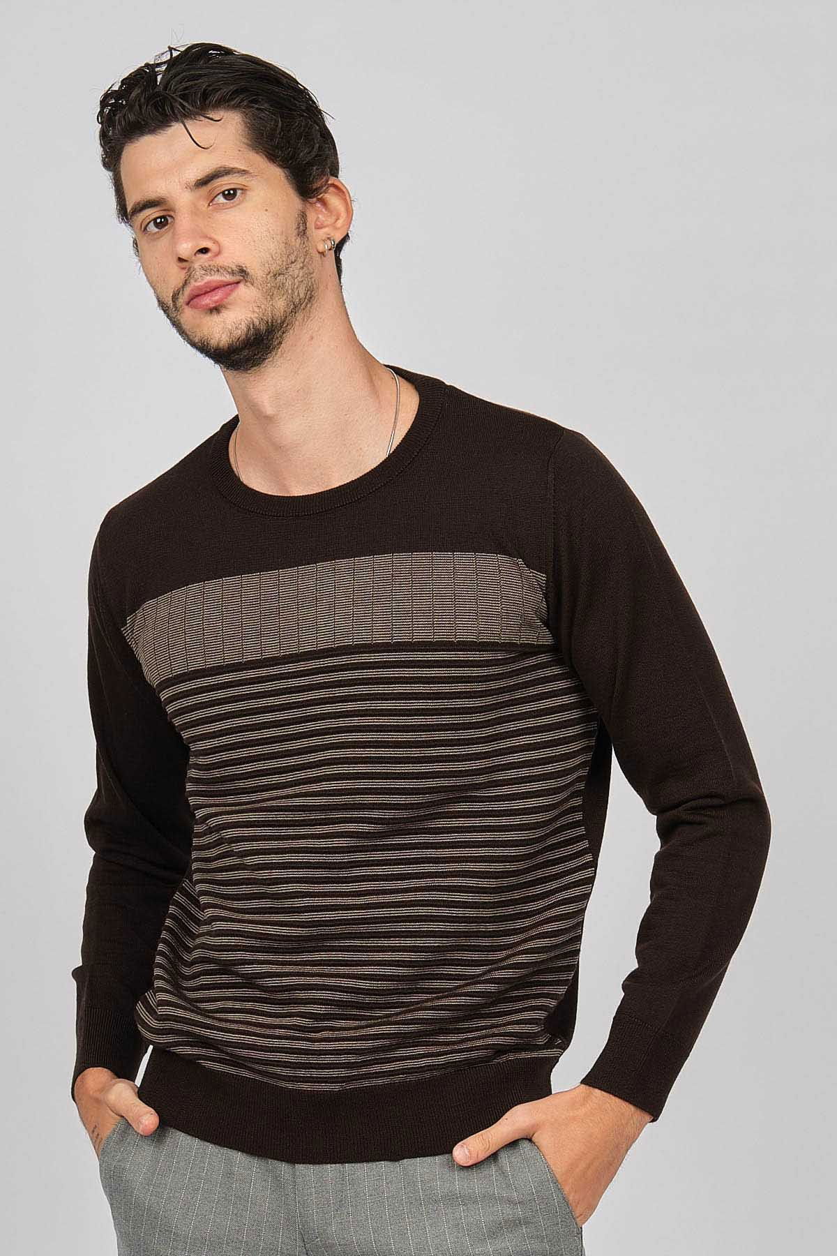 Desen Triko Erkek Bisiklet Yaka Desenli Yün Kazak 0249639 Kahverengi - 1