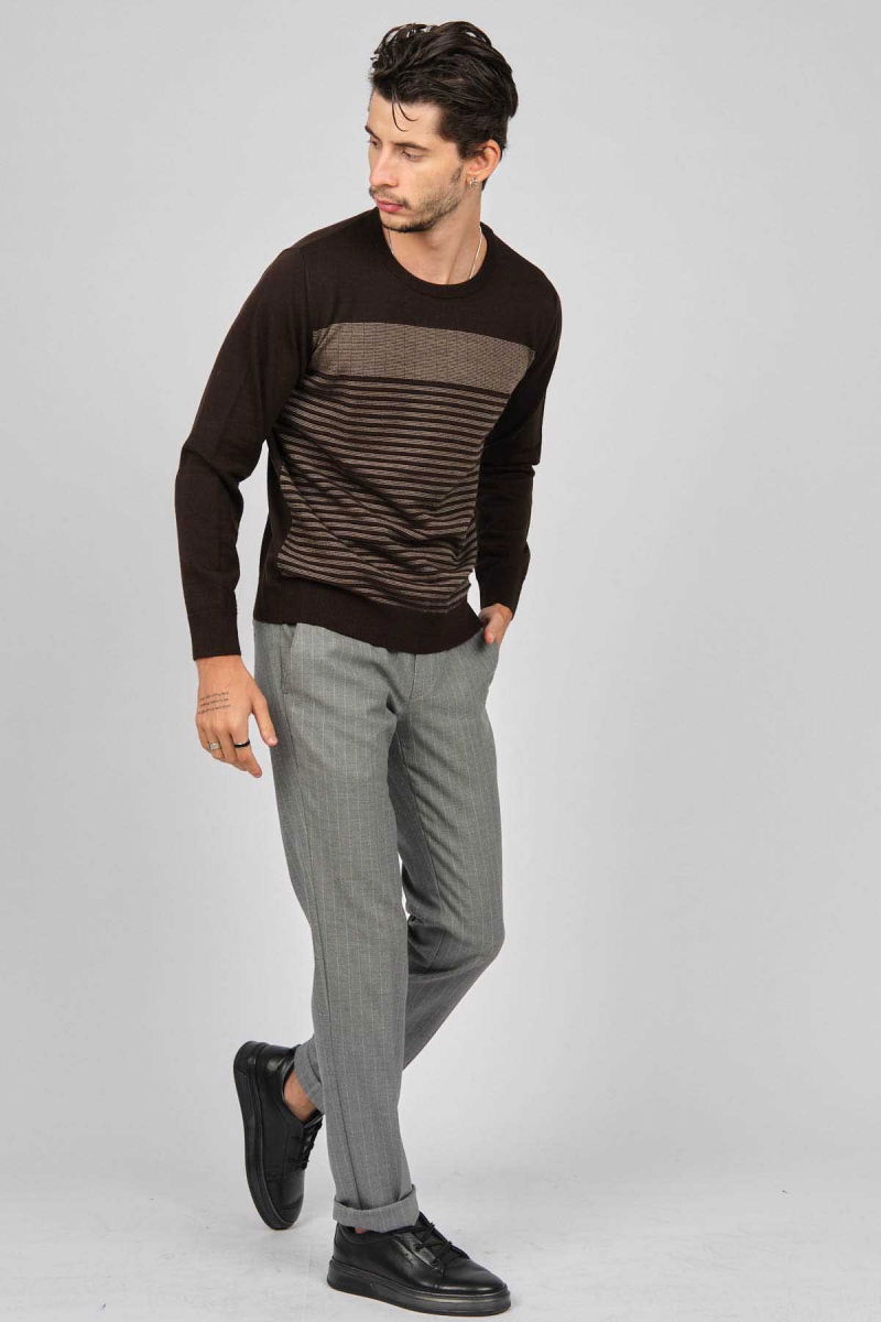 Desen Triko Erkek Bisiklet Yaka Desenli Yün Kazak 0249639 Kahverengi - 2