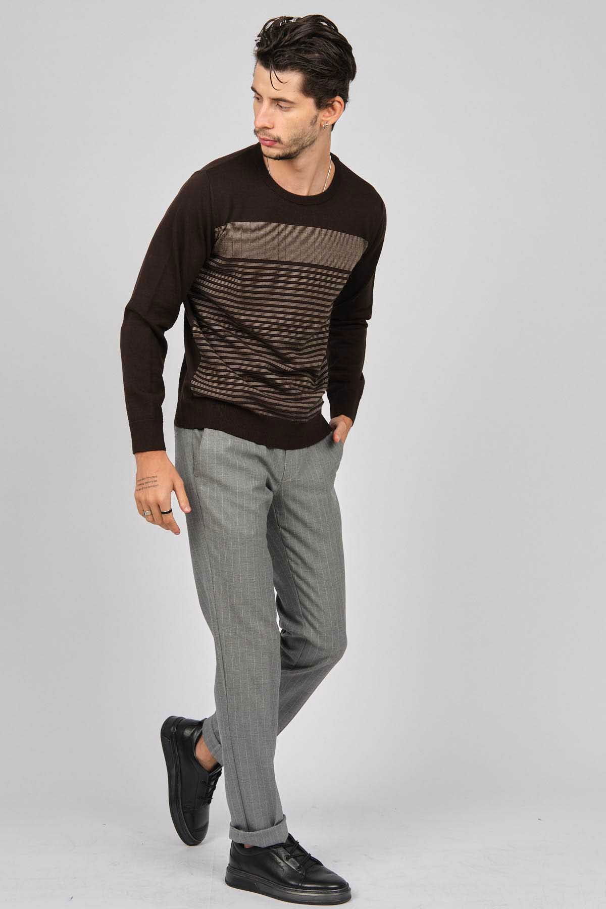 Desen Triko Erkek Bisiklet Yaka Desenli Yün Kazak 0249639 Kahverengi - 2