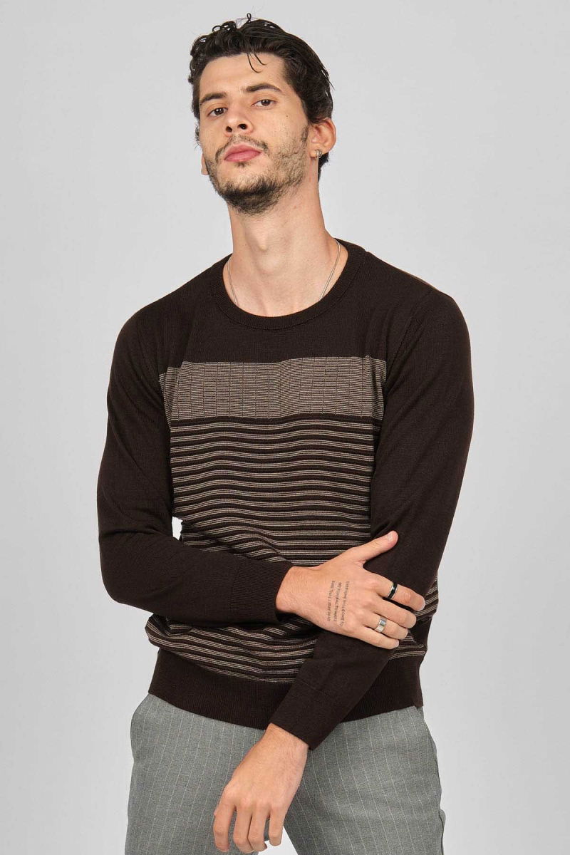 Desen Triko Erkek Bisiklet Yaka Desenli Yün Kazak 0249639 Kahverengi - 3