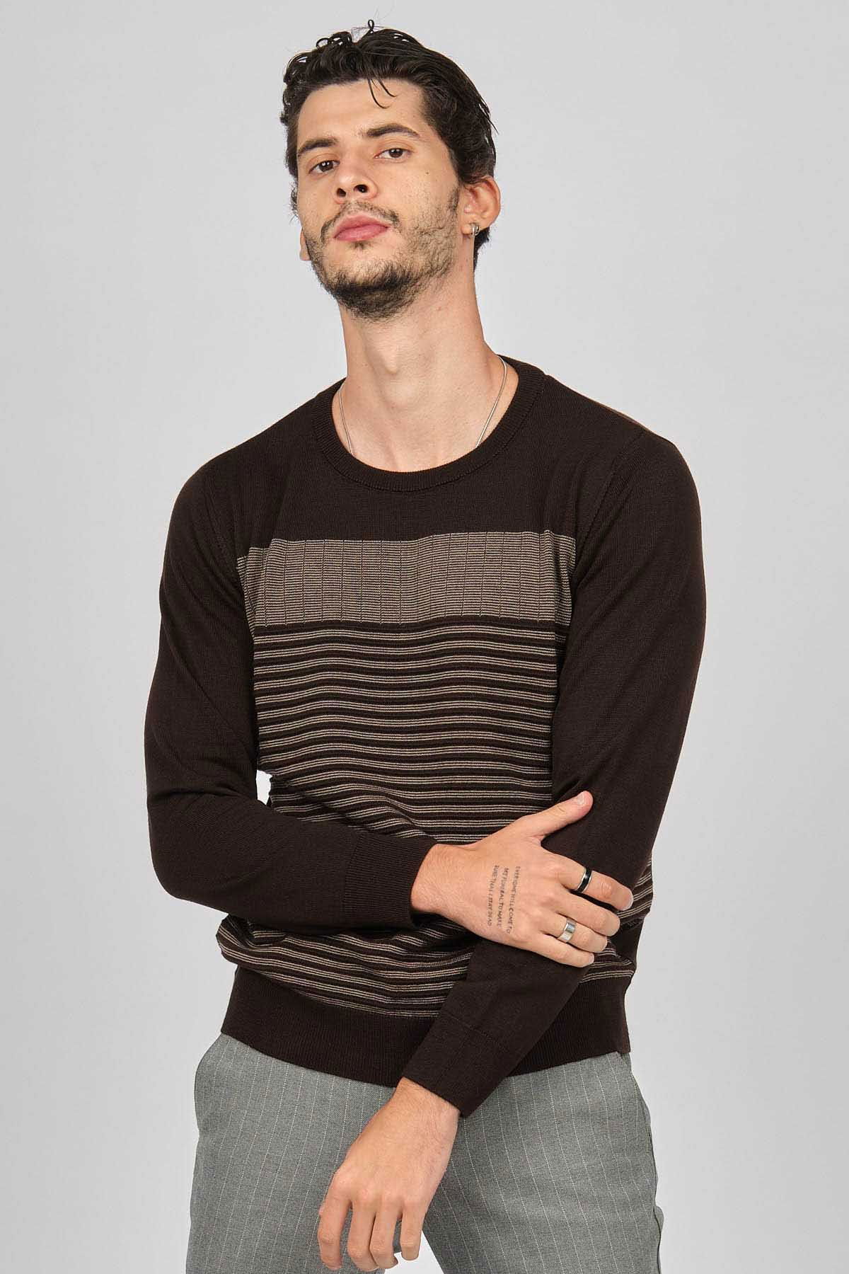 Desen Triko Erkek Bisiklet Yaka Desenli Yün Kazak 0249639 Kahverengi - 3