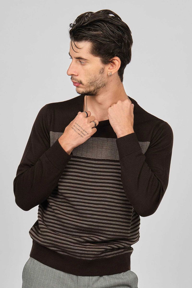 Desen Triko Erkek Bisiklet Yaka Desenli Yün Kazak 0249639 Kahverengi - 4