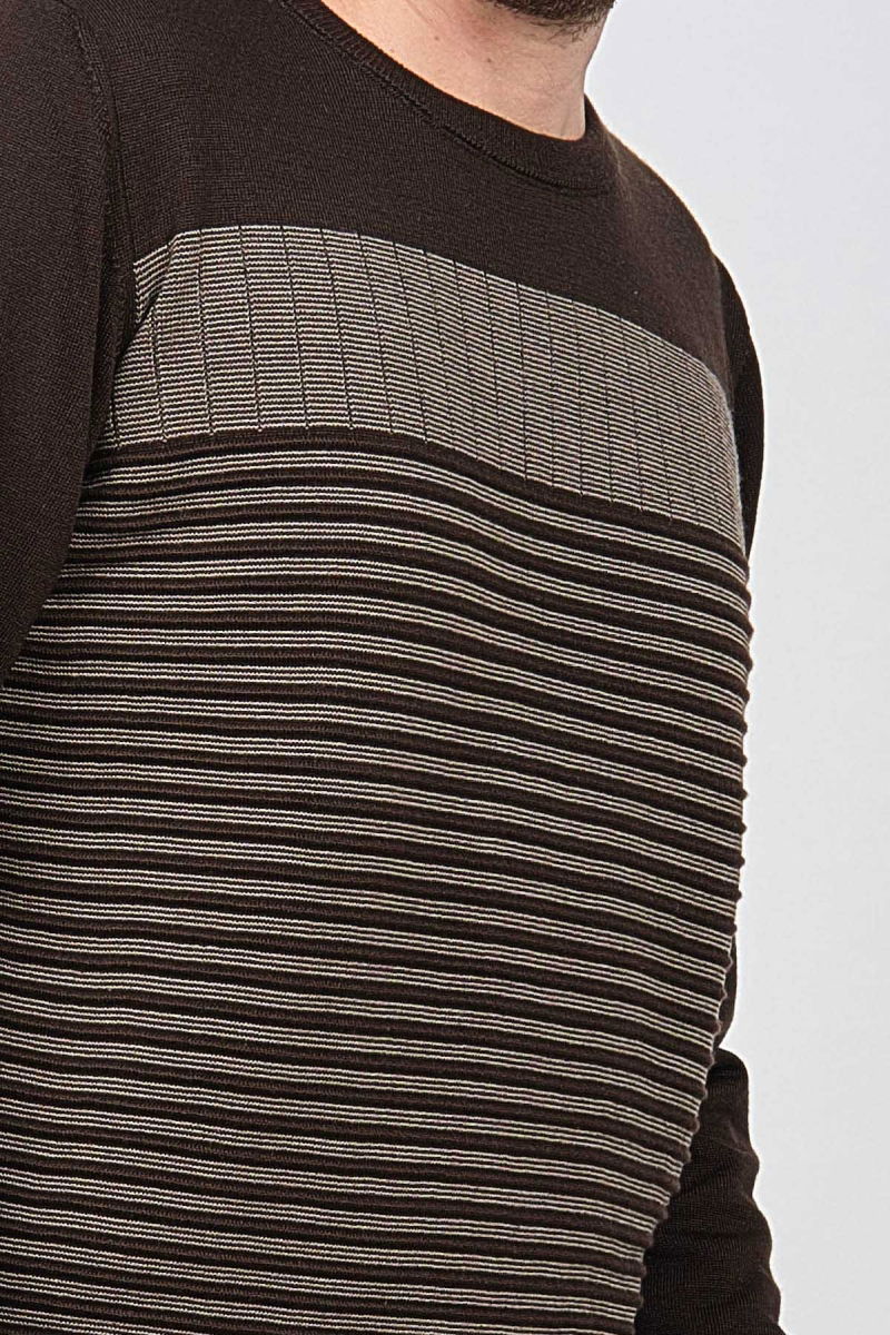 Desen Triko Erkek Bisiklet Yaka Desenli Yün Kazak 0249639 Kahverengi - 6