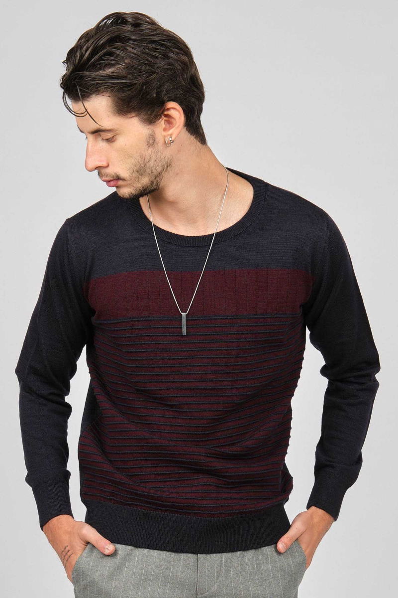 Desen Triko Erkek Bisiklet Yaka Desenli Yün Kazak 0249639 Lacivert - Desen Triko