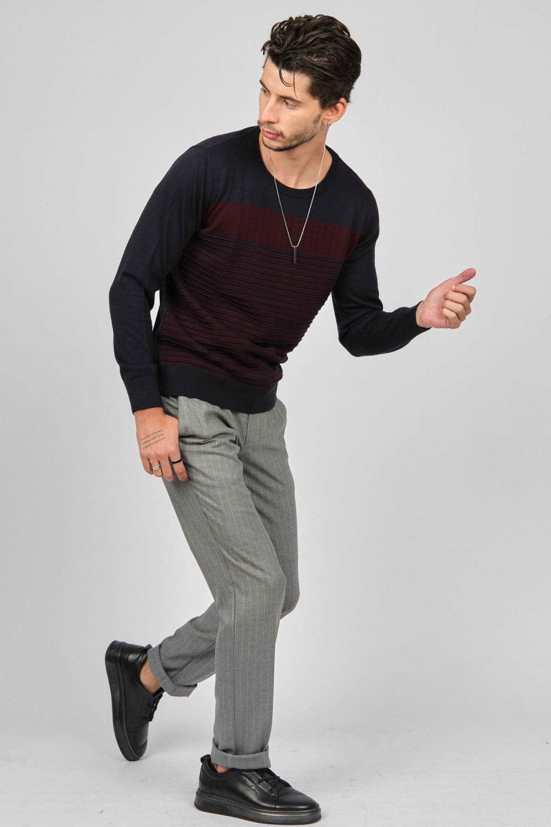 Desen Triko Erkek Bisiklet Yaka Desenli Yün Kazak 0249639 Lacivert - 2