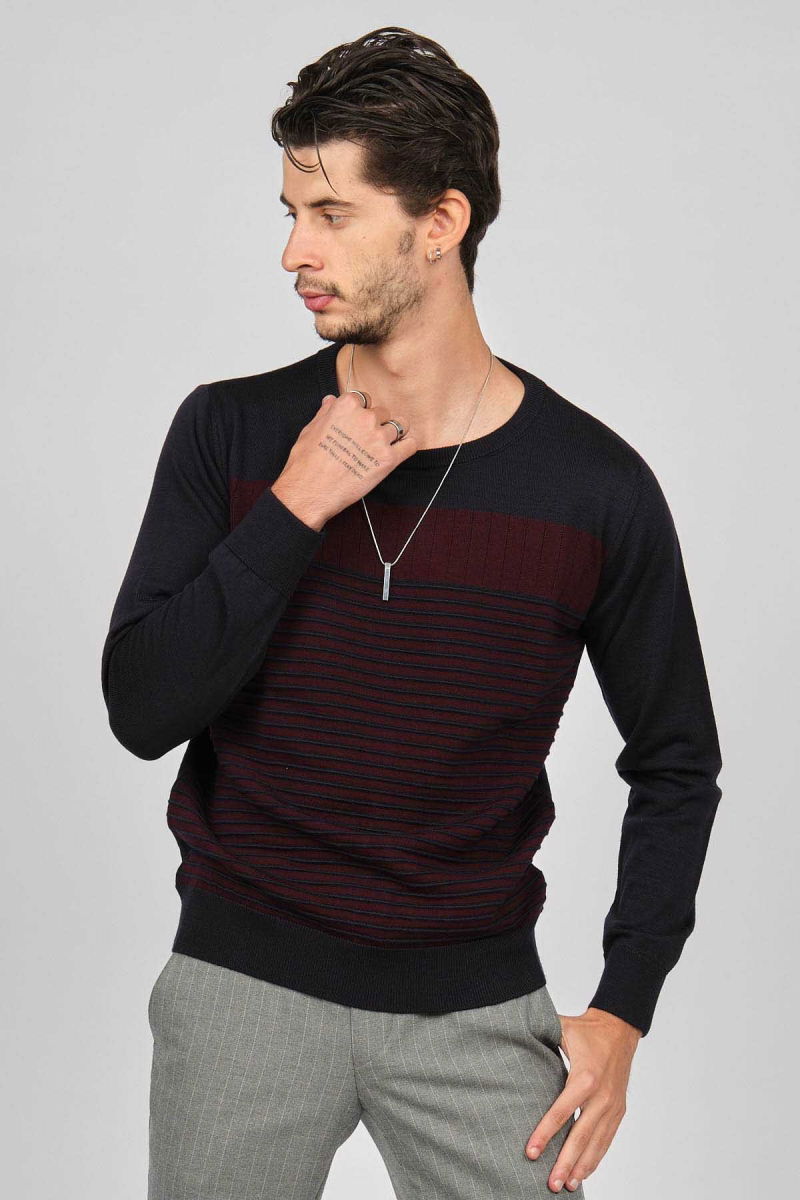 Desen Triko Erkek Bisiklet Yaka Desenli Yün Kazak 0249639 Lacivert - 3