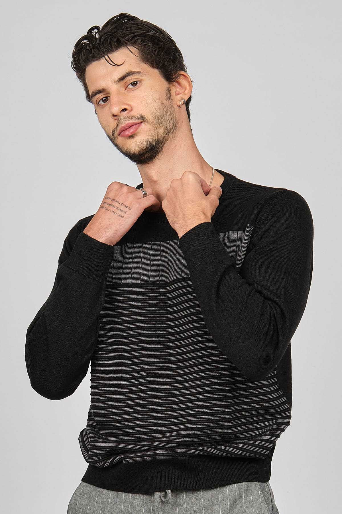 Desen Triko Erkek Bisiklet Yaka Desenli Yün Kazak 0249639 Siyah - 1