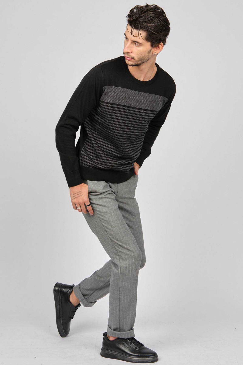 Desen Triko Erkek Bisiklet Yaka Desenli Yün Kazak 0249639 Siyah - 2