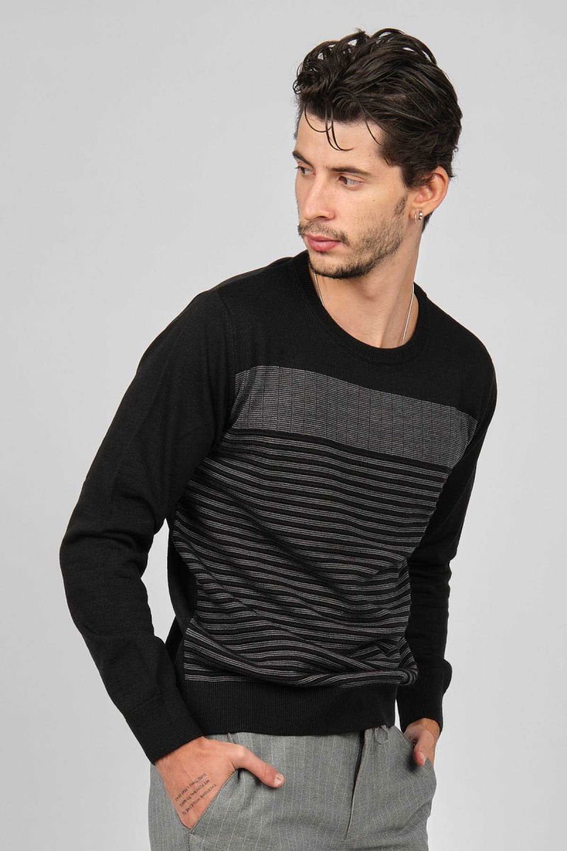 Desen Triko Erkek Bisiklet Yaka Desenli Yün Kazak 0249639 Siyah - 3