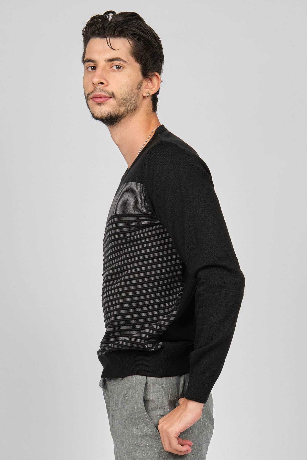 Desen Triko Erkek Bisiklet Yaka Desenli Yün Kazak 0249639 Siyah - 4