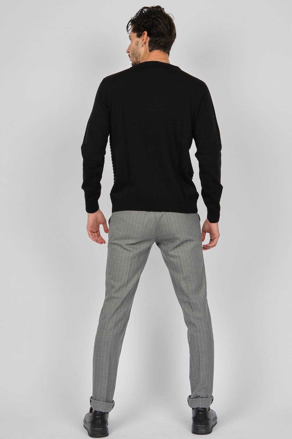 Desen Triko Erkek Bisiklet Yaka Desenli Yün Kazak 0249639 Siyah - 5