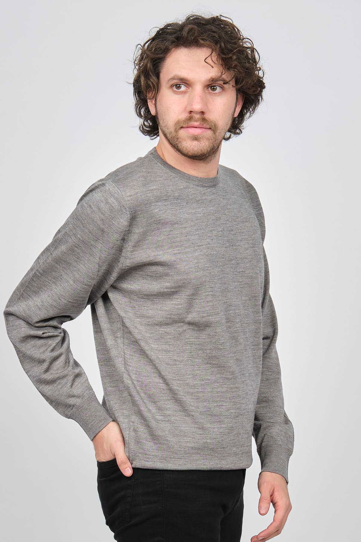 Desen Triko Erkek Bisiklet Yaka Yün Kazak 0249603 Açık Gri - 3