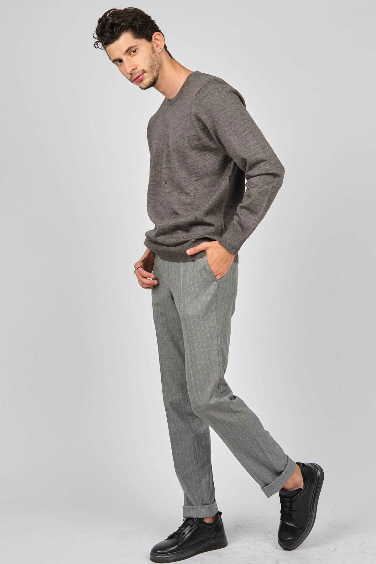 Desen Triko Erkek Bisiklet Yaka Yün Kazak 0249603 Gri - 6