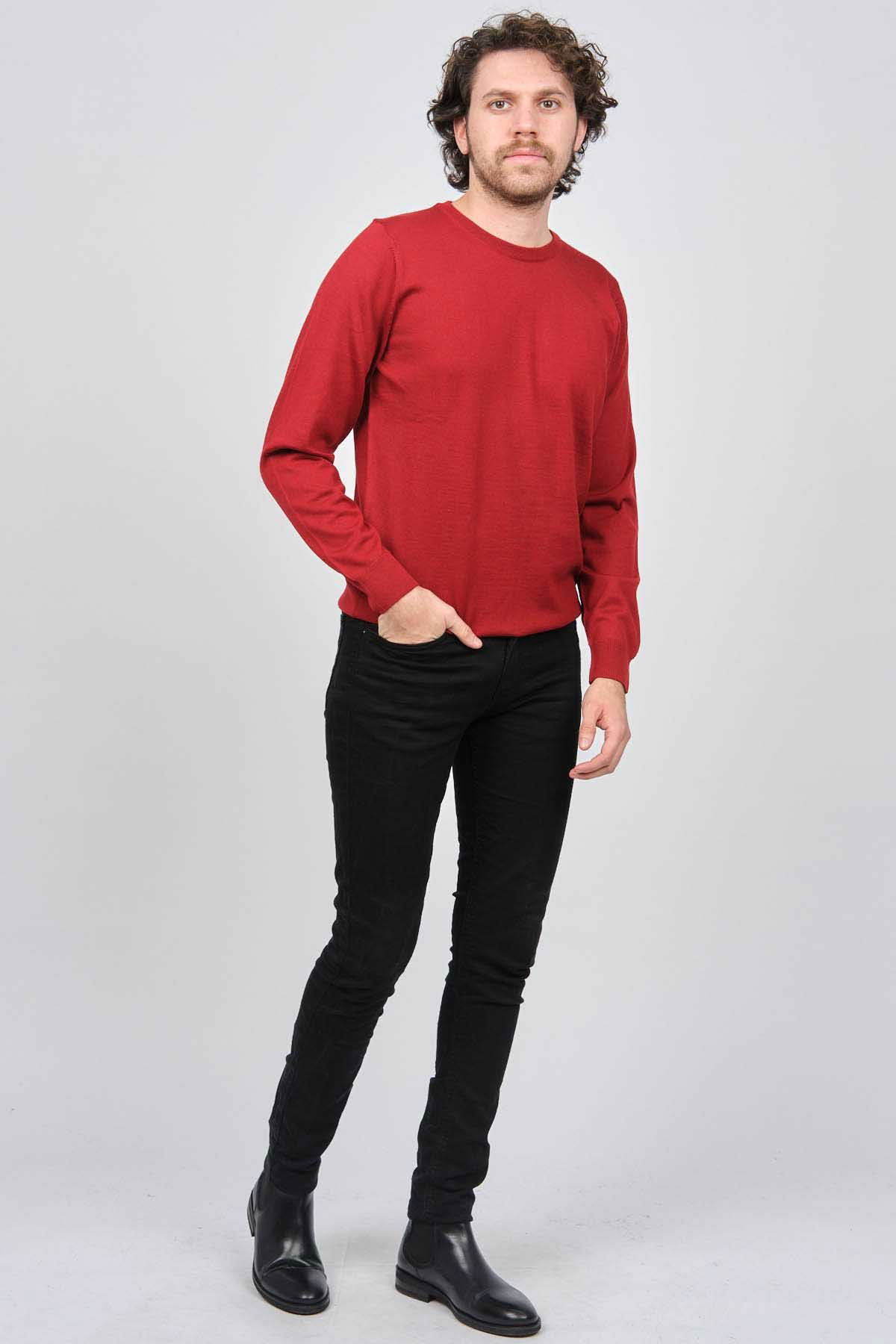 Desen Triko Erkek Bisiklet Yaka Yün Kazak 0249603 Kırmızı - 2