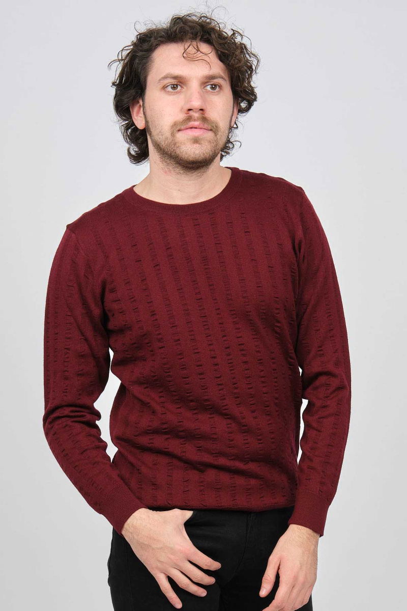 Desen Triko Erkek Bisiklet Yaka Yün Kazak 0249625 Bordo - Desen Triko