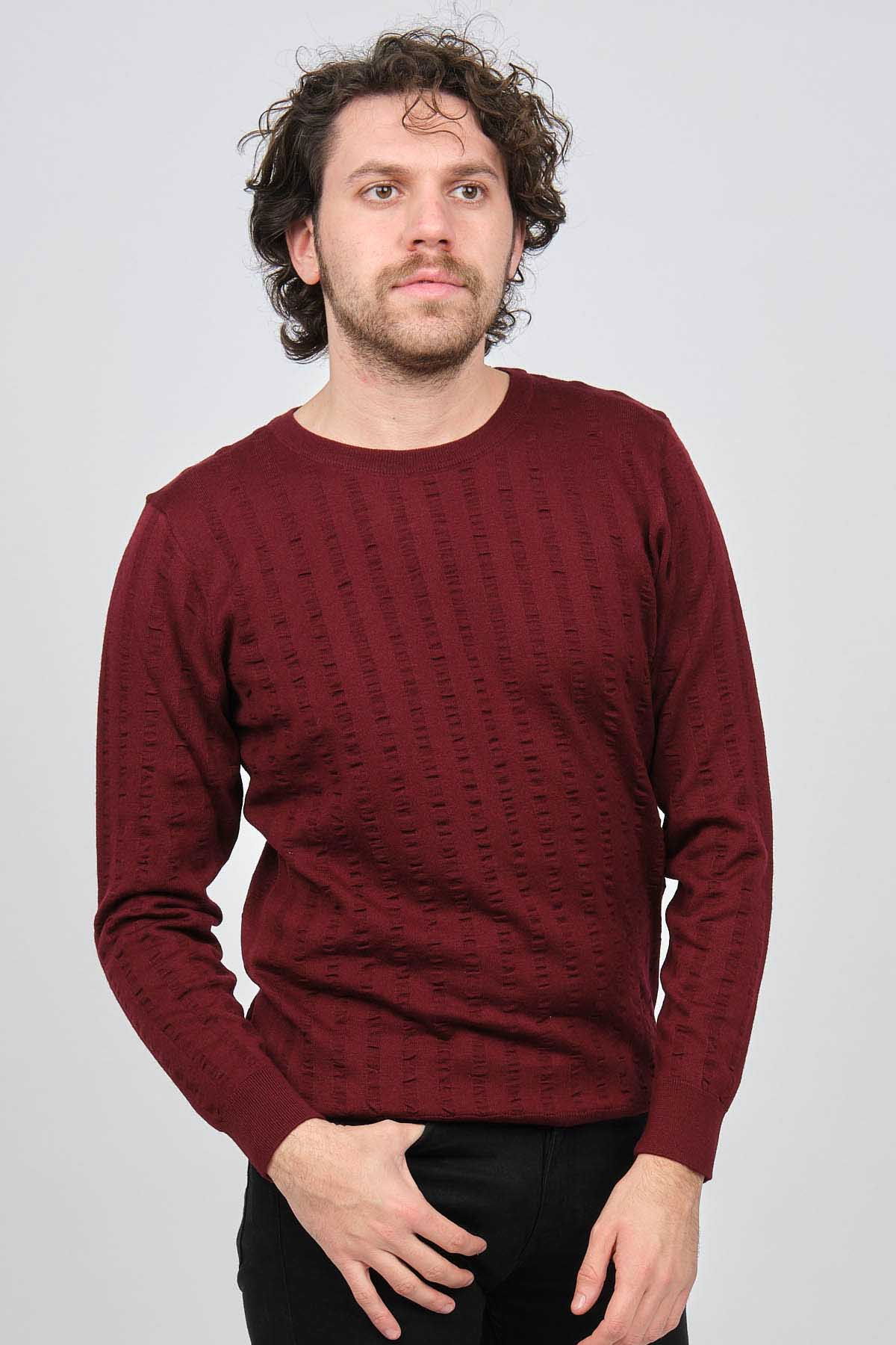 Desen Triko Erkek Bisiklet Yaka Yün Kazak 0249625 Bordo - 1