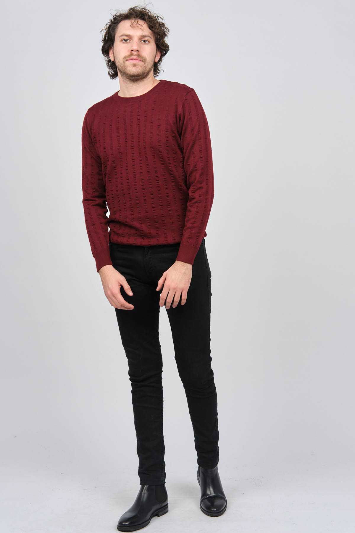 Desen Triko Erkek Bisiklet Yaka Yün Kazak 0249625 Bordo - 2