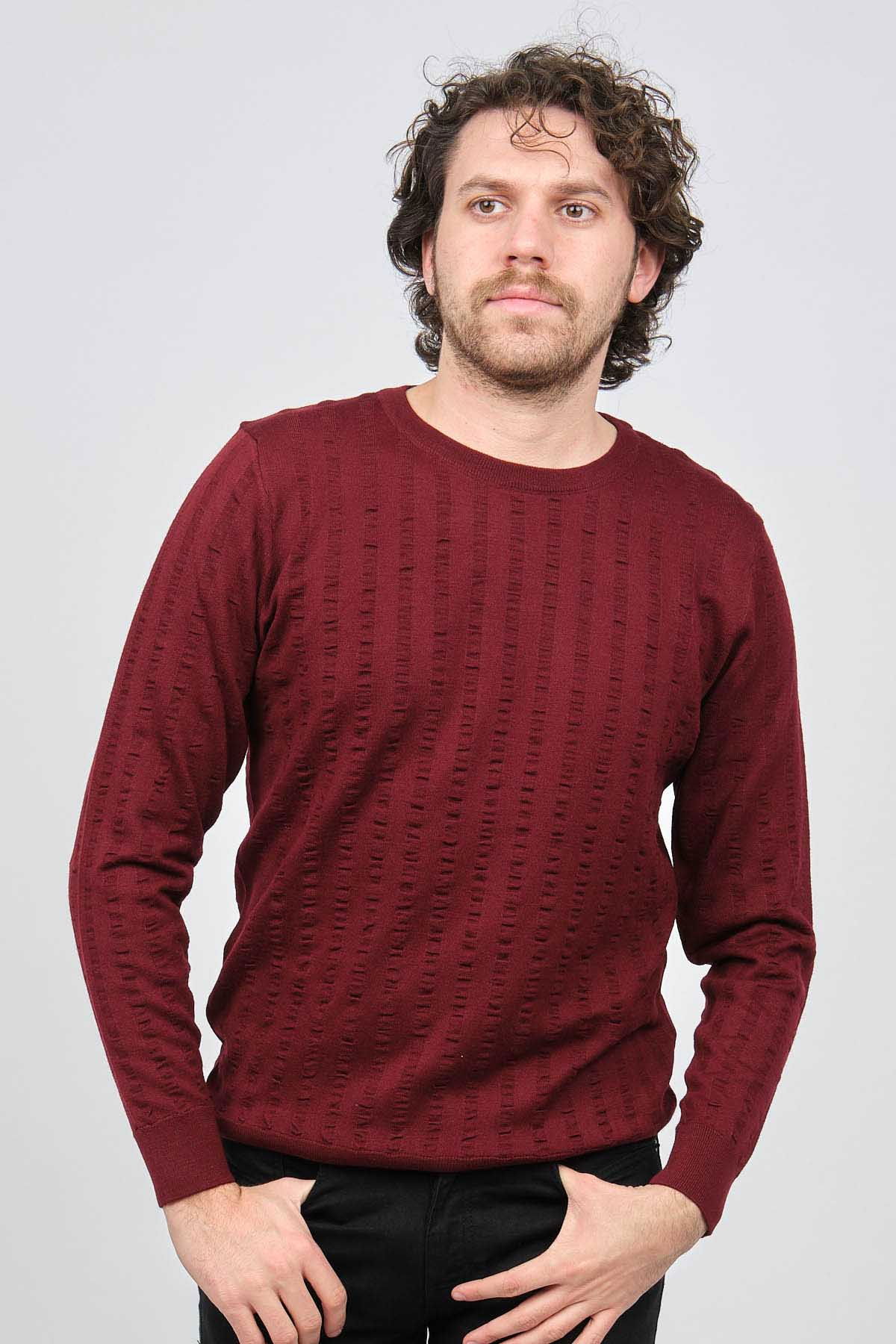 Desen Triko Erkek Bisiklet Yaka Yün Kazak 0249625 Bordo - 3