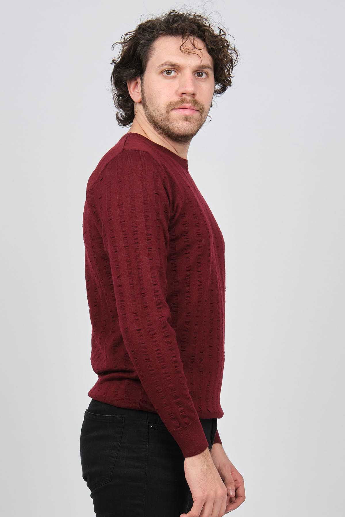 Desen Triko Erkek Bisiklet Yaka Yün Kazak 0249625 Bordo - 4