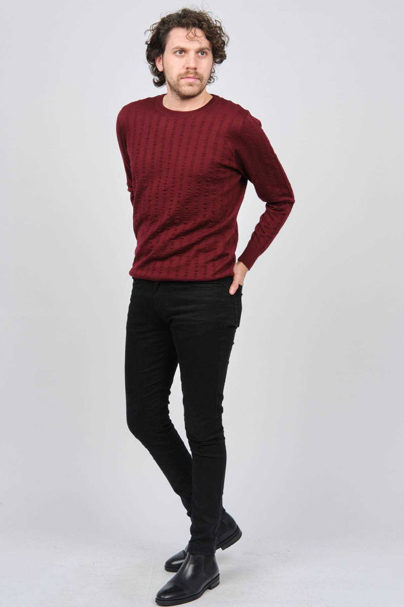 Desen Triko Erkek Bisiklet Yaka Yün Kazak 0249625 Bordo - 6