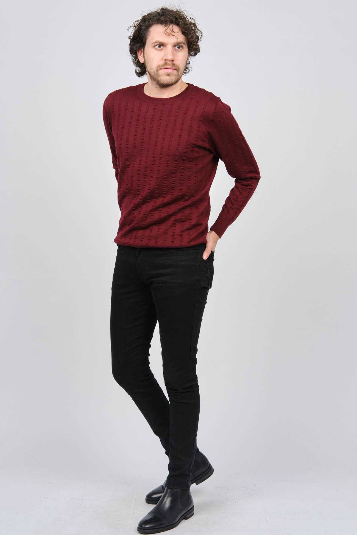 Desen Triko Erkek Bisiklet Yaka Yün Kazak 0249625 Bordo - 6