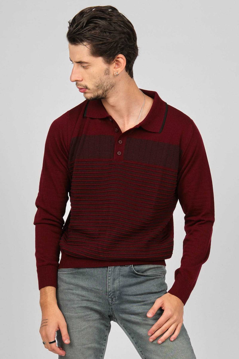 Desen Triko Erkek Desenli Polo Yaka Yün Kazak 0249642 Bordo - 1
