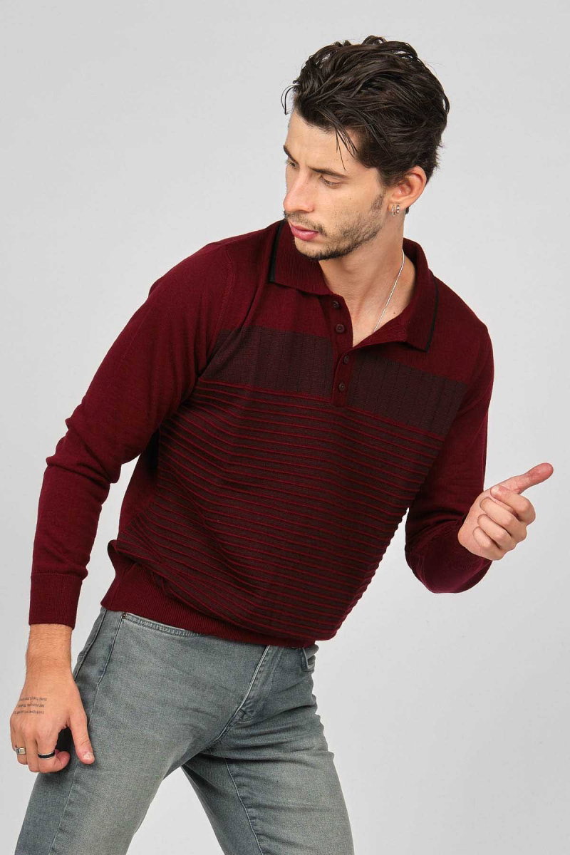 Desen Triko Erkek Desenli Polo Yaka Yün Kazak 0249642 Bordo - 2