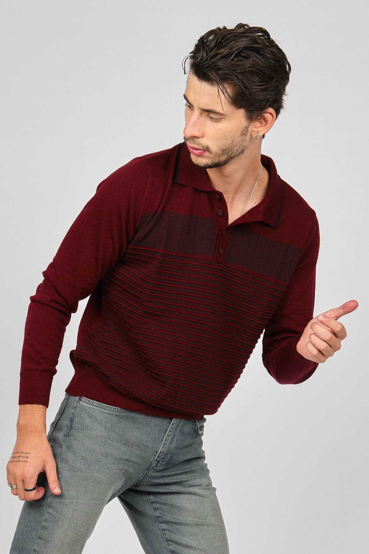 Desen Triko Erkek Desenli Polo Yaka Yün Kazak 0249642 Bordo - 2