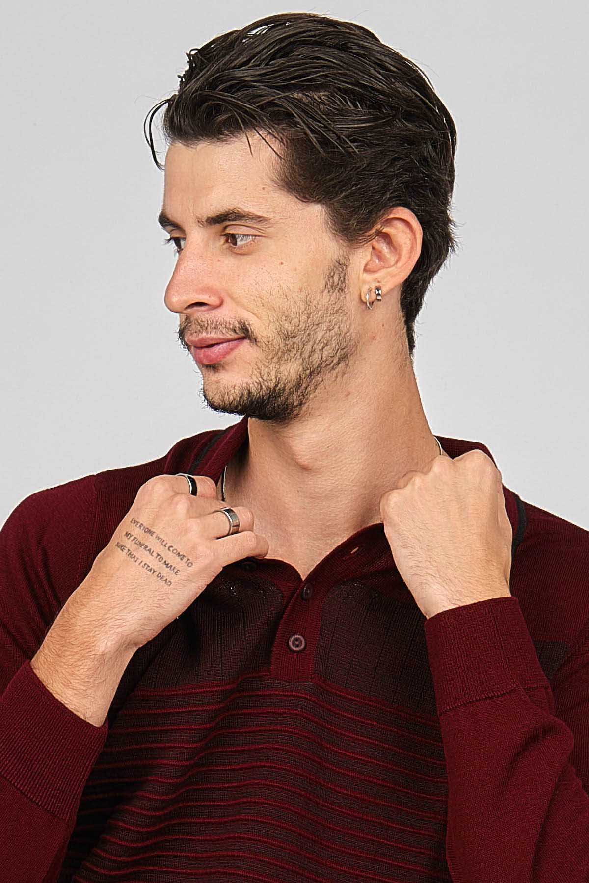 Desen Triko Erkek Desenli Polo Yaka Yün Kazak 0249642 Bordo - 3