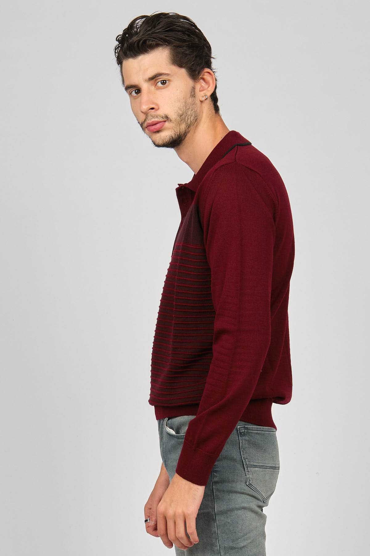 Desen Triko Erkek Desenli Polo Yaka Yün Kazak 0249642 Bordo - 4