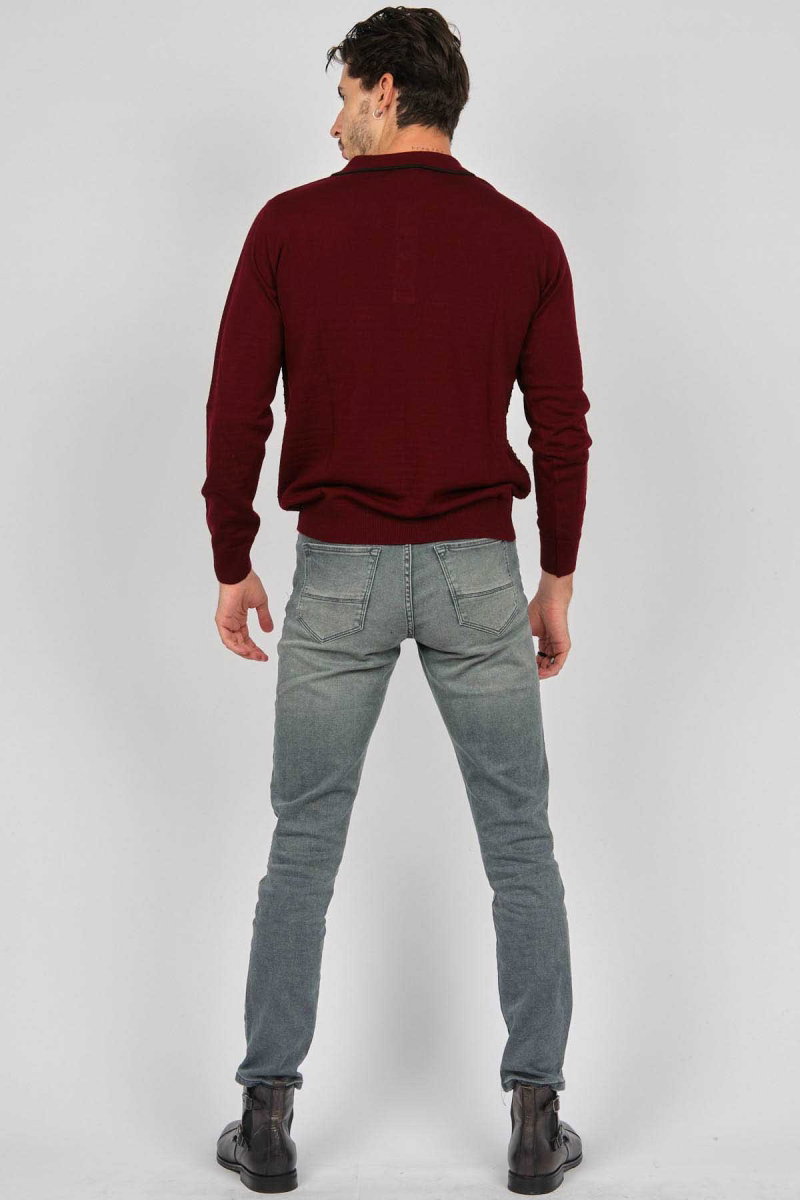 Desen Triko Erkek Desenli Polo Yaka Yün Kazak 0249642 Bordo - 5