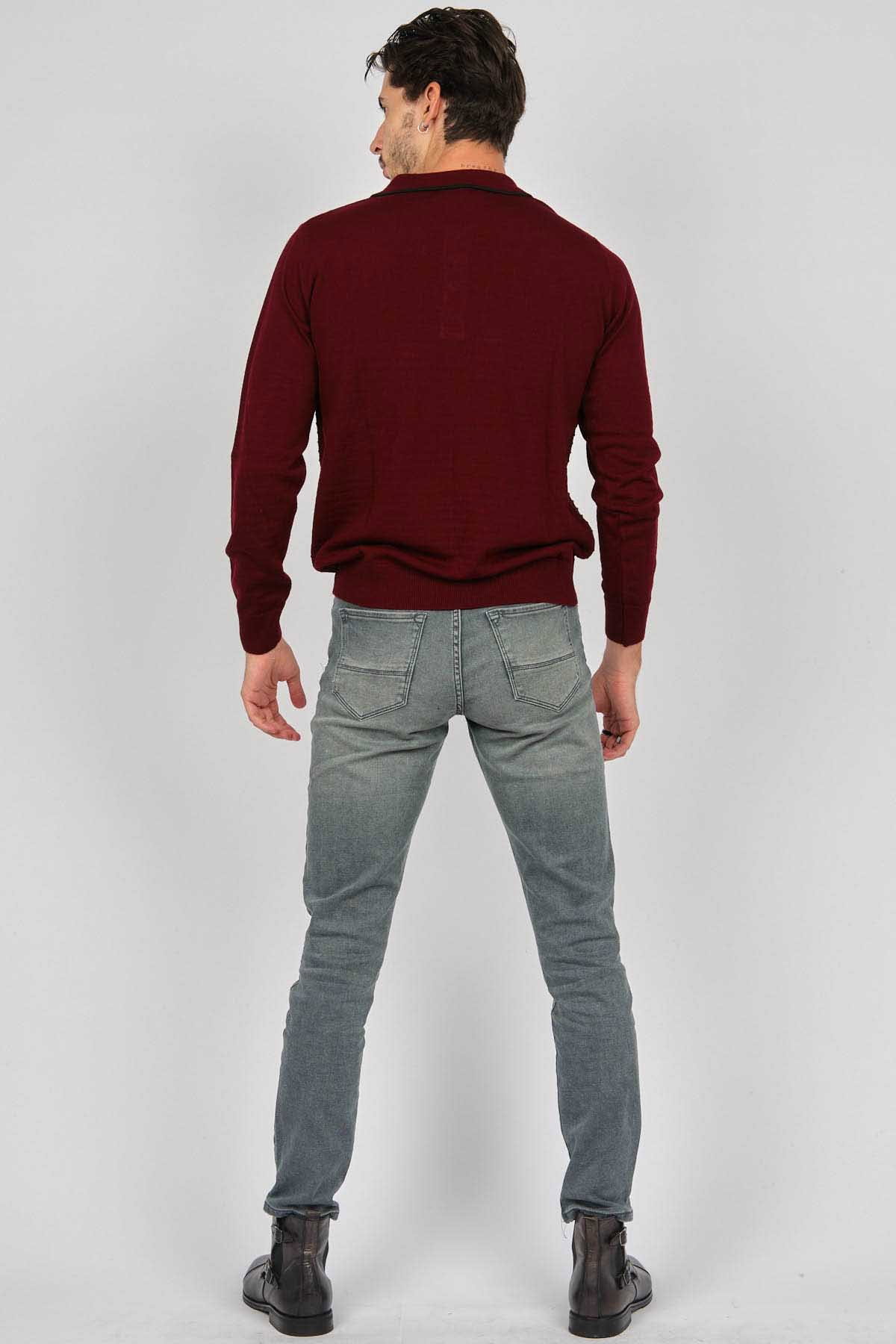 Desen Triko Erkek Desenli Polo Yaka Yün Kazak 0249642 Bordo - 5