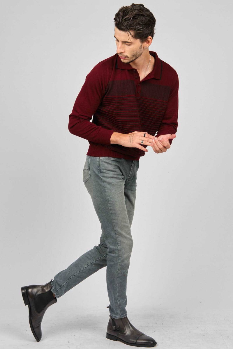 Desen Triko Erkek Desenli Polo Yaka Yün Kazak 0249642 Bordo - 6