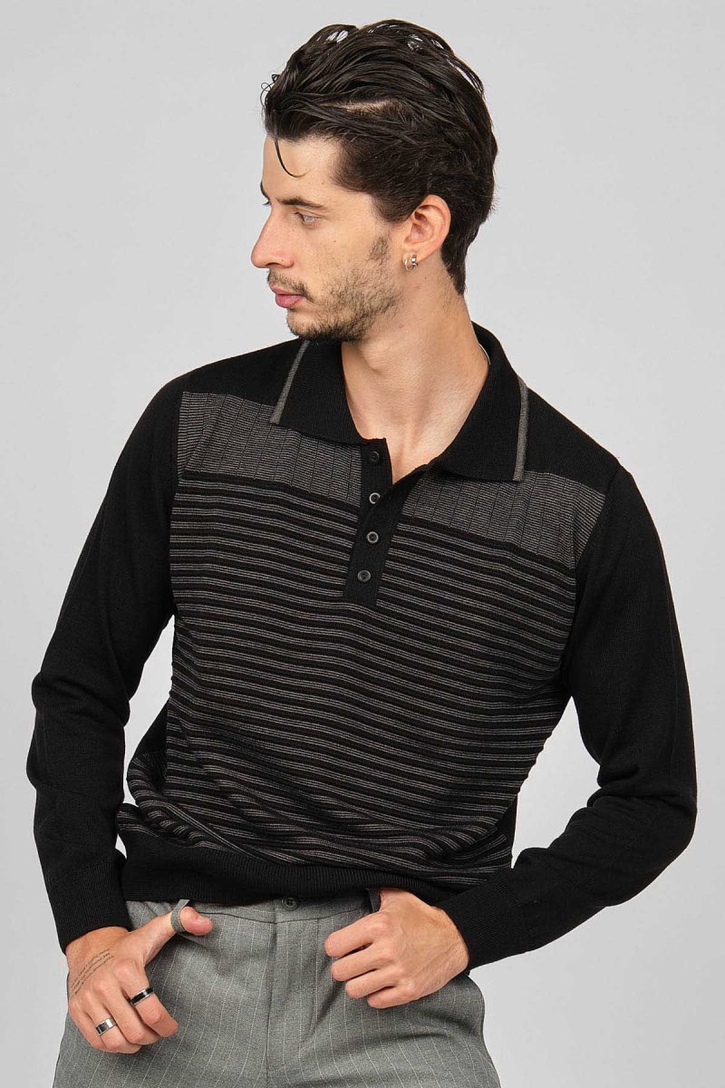 Desen Triko Erkek Desenli Polo Yaka Yün Kazak 0249642 Siyah - 3